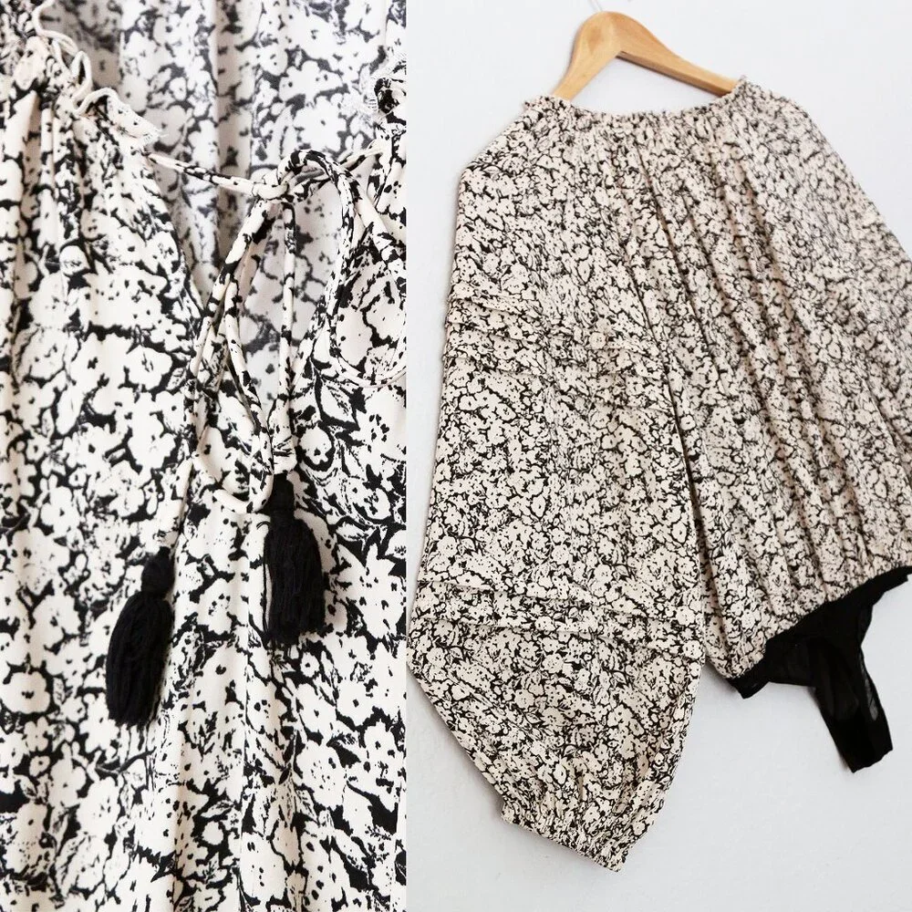 Free People FP Intimately All Tucks Printed Bodysuit XS Long Balloon Sleeves $78